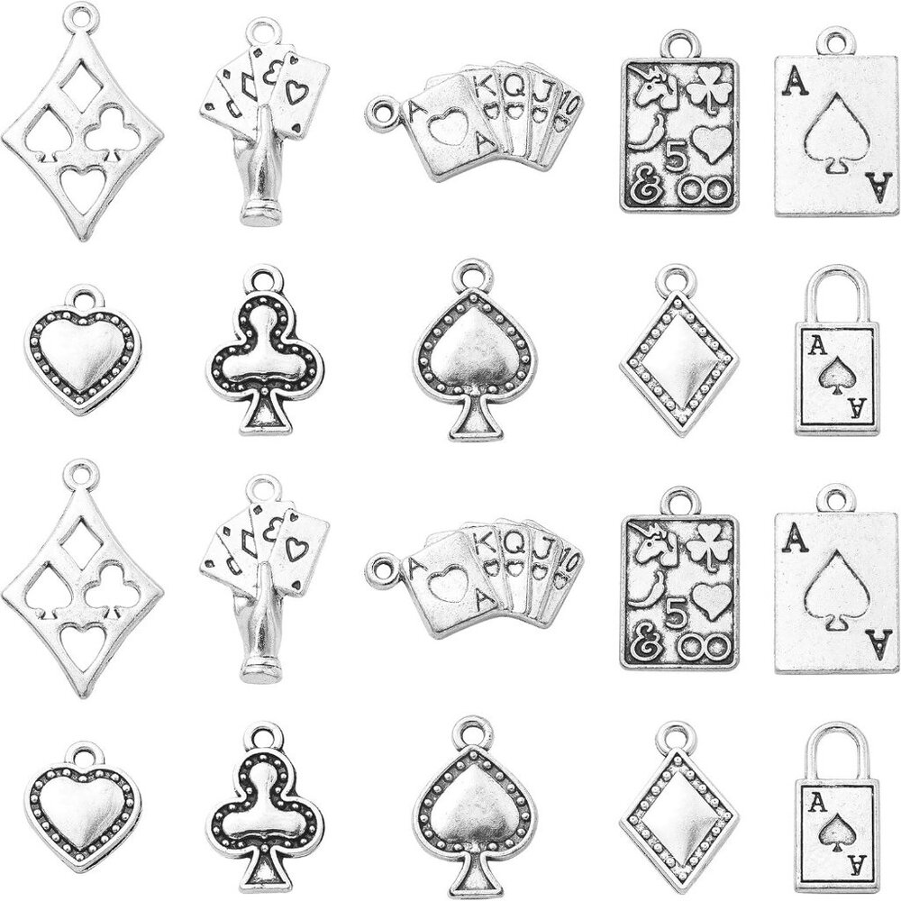 100Pcs 10 Styles Tibetan Poker Card Charms Playing Cards - Rhombus Heart Shapes